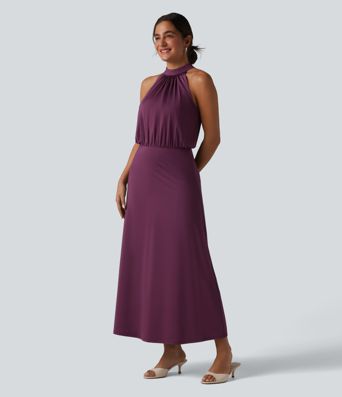 Mock Neck Sleeveless Keyhole Back Stretchy Satin-Like Cool Touch Midi Dress