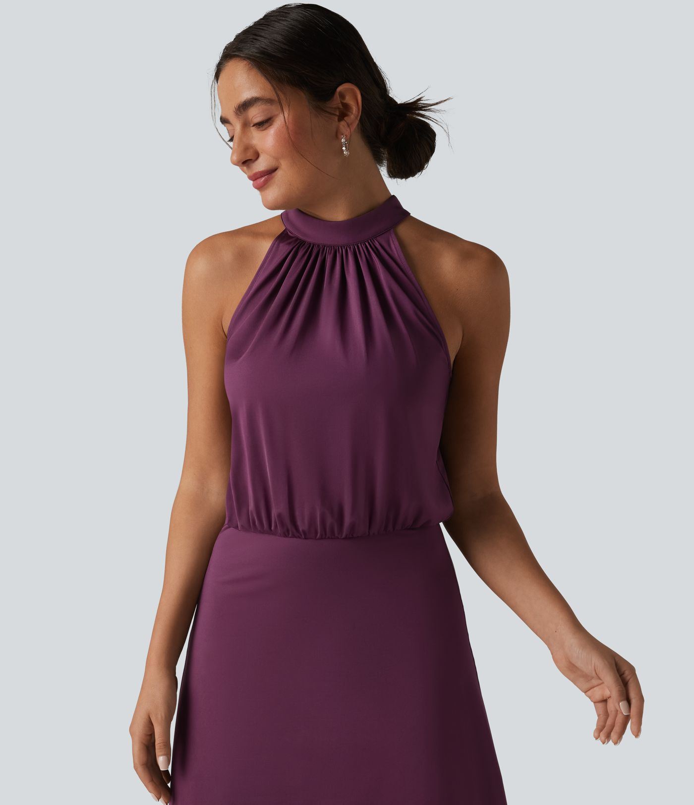 Mock Neck Sleeveless Keyhole Back Stretchy Satin-Like Cool Touch Midi Dress