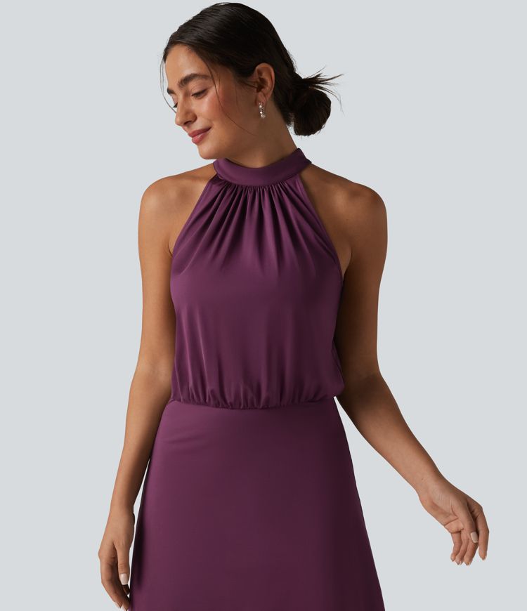 Mock Neck Sleeveless Keyhole Back Stretchy Satin-Like Cool Touch Midi Dress