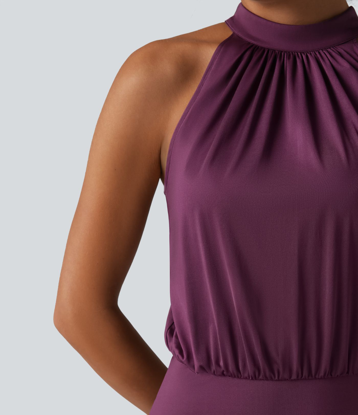 Mock Neck Sleeveless Keyhole Back Stretchy Satin-Like Cool Touch Midi Dress