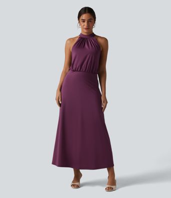 Mock Neck Sleeveless Keyhole Back Stretchy Satin-Like Cool Touch Midi Dress