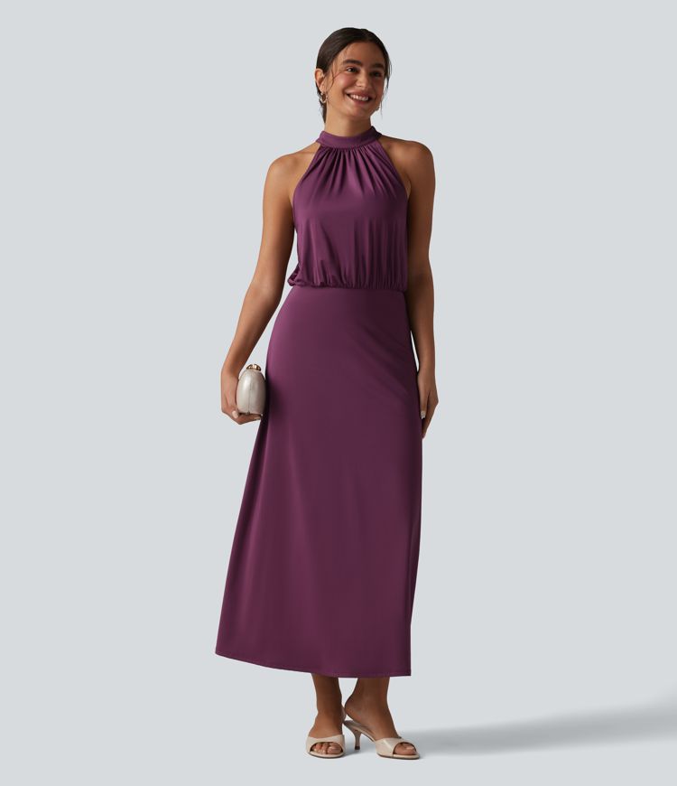 Mock Neck Sleeveless Keyhole Back Stretchy Satin-Like Cool Touch Midi Dress