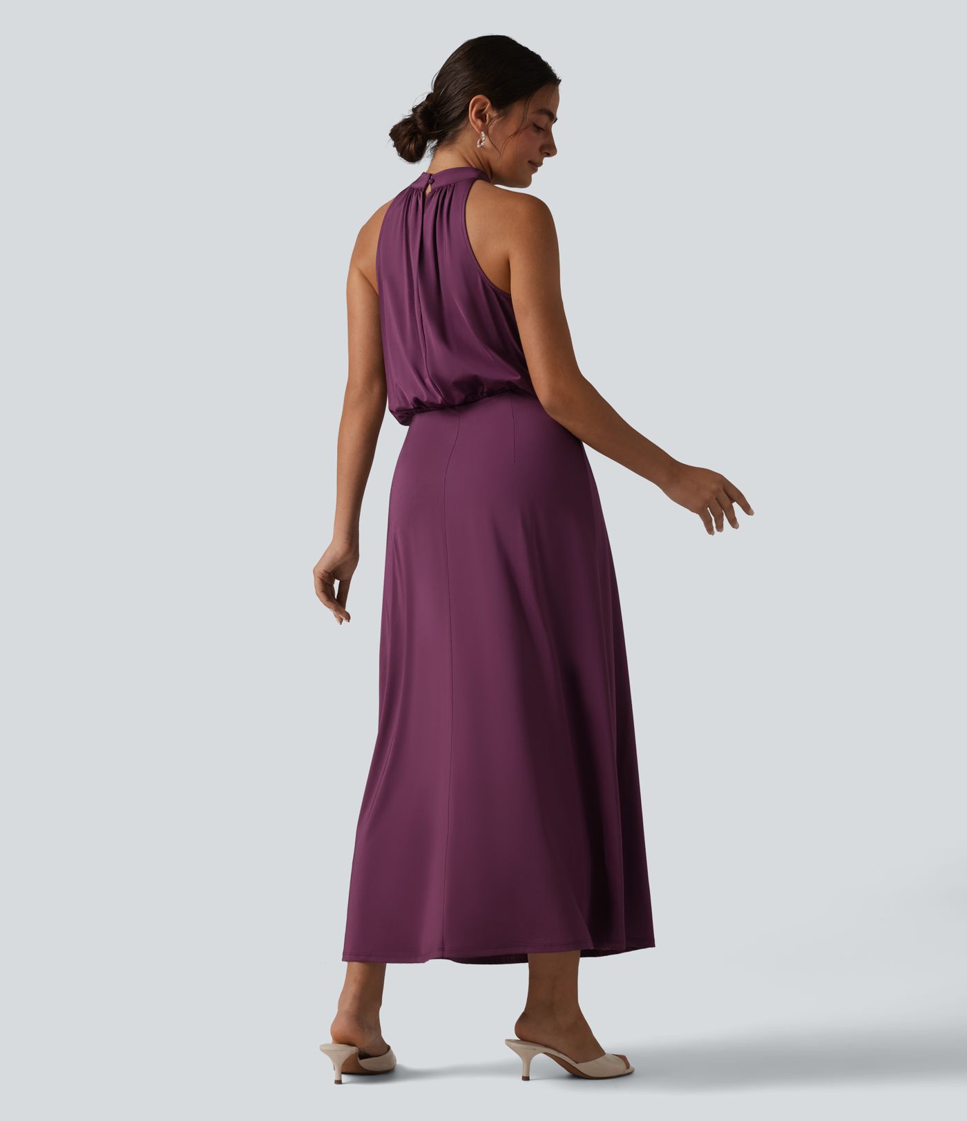 Mock Neck Sleeveless Keyhole Back Stretchy Satin-Like Cool Touch Midi Dress