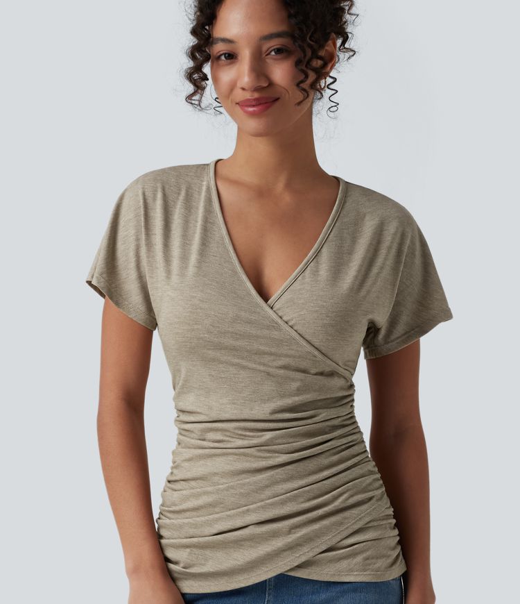 V Neck Short Sleeve Ruched Casual Top