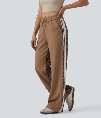 Mid Rise Drawstring Color Block Stripes Contrast Leopard Casual Baggy Pants with Pockets