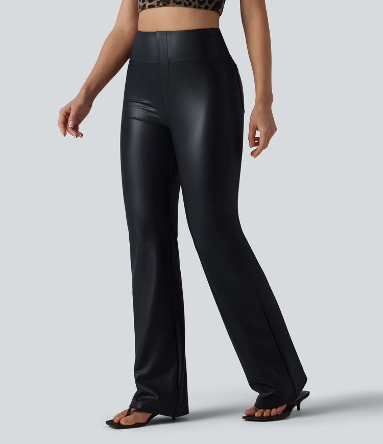 Hochgeschnittene, dehnbare Freizeithose aus PU mit hohem Bund und Taschen