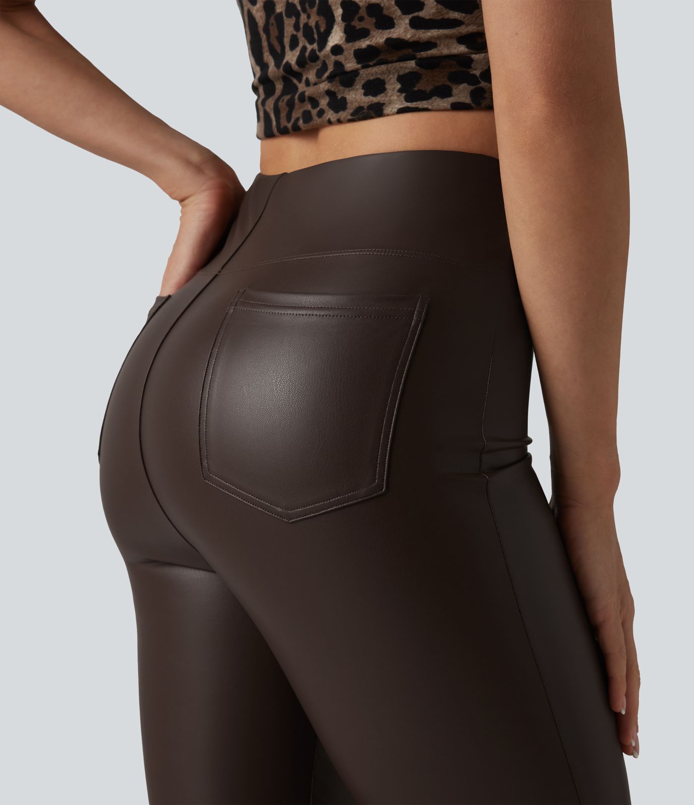 High Waisted Bootcut Stretchy PU Casual Pants with Pockets
