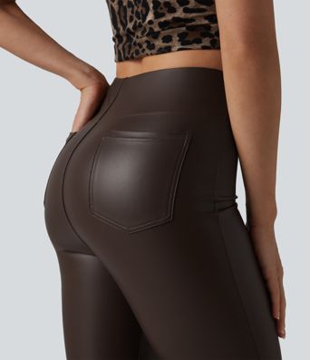 High Waisted Bootcut Stretchy PU Casual Pants with Pockets