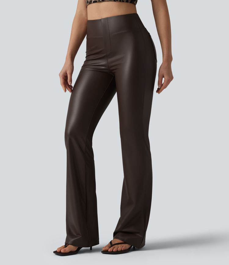 High Waisted Bootcut Stretchy PU Casual Pants with Pockets