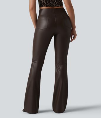High Waisted Bootcut Stretchy PU Casual Pants with Pockets