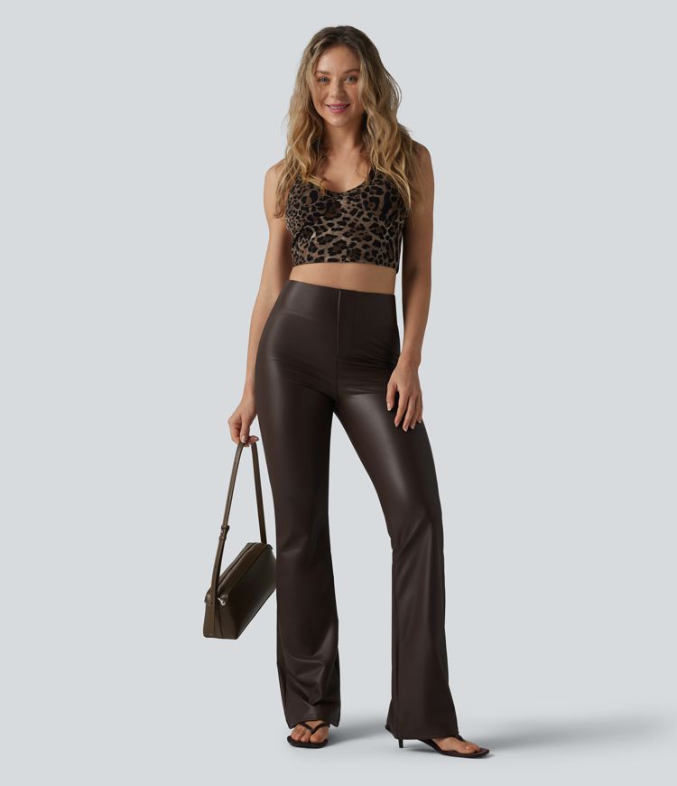 High Waisted Bootcut Stretchy PU Casual Pants with Pockets