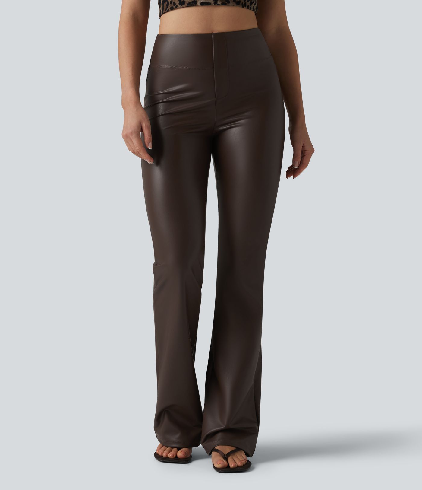 High Waisted Bootcut Stretchy PU Casual Pants with Pockets