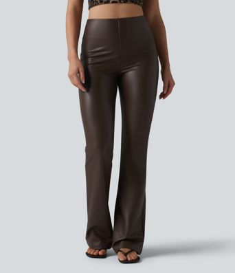 High Waisted Bootcut Stretchy PU Casual Pants with Pockets