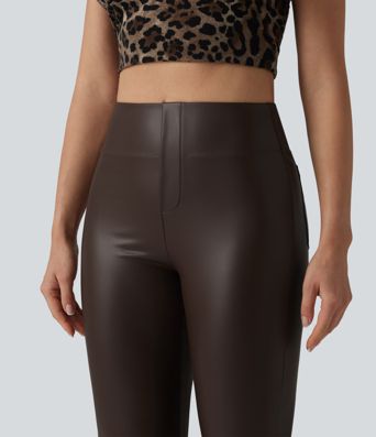High Waisted Bootcut Stretchy PU Casual Pants with Pockets