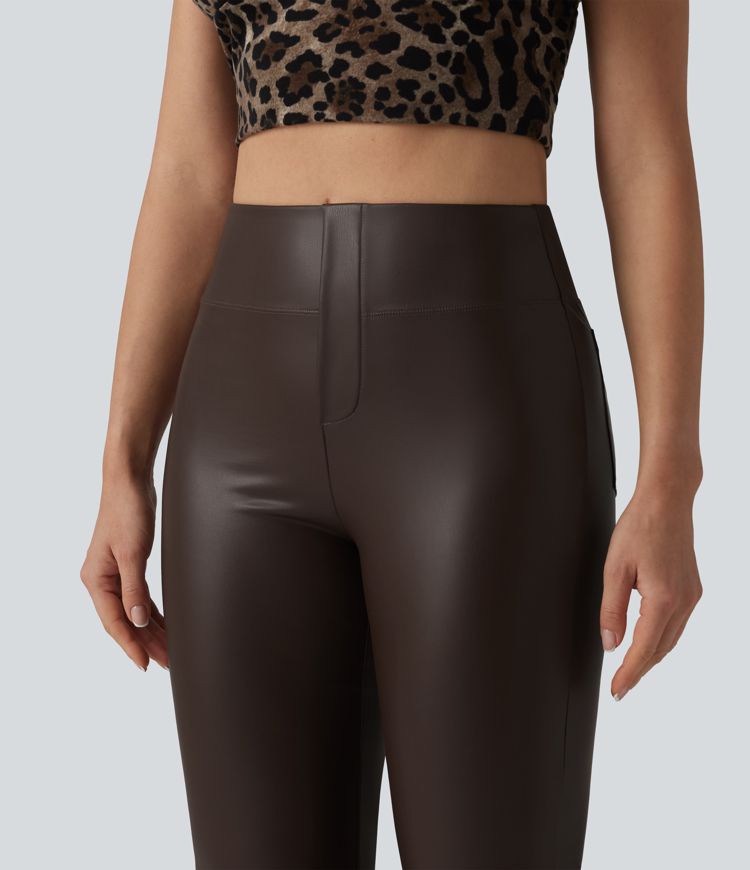 High Waisted Bootcut Stretchy PU Casual Pants with Pockets