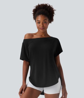 One Shoulder Short Sleeve Curved Hem High Low Quick Dry Yoga Sports Top