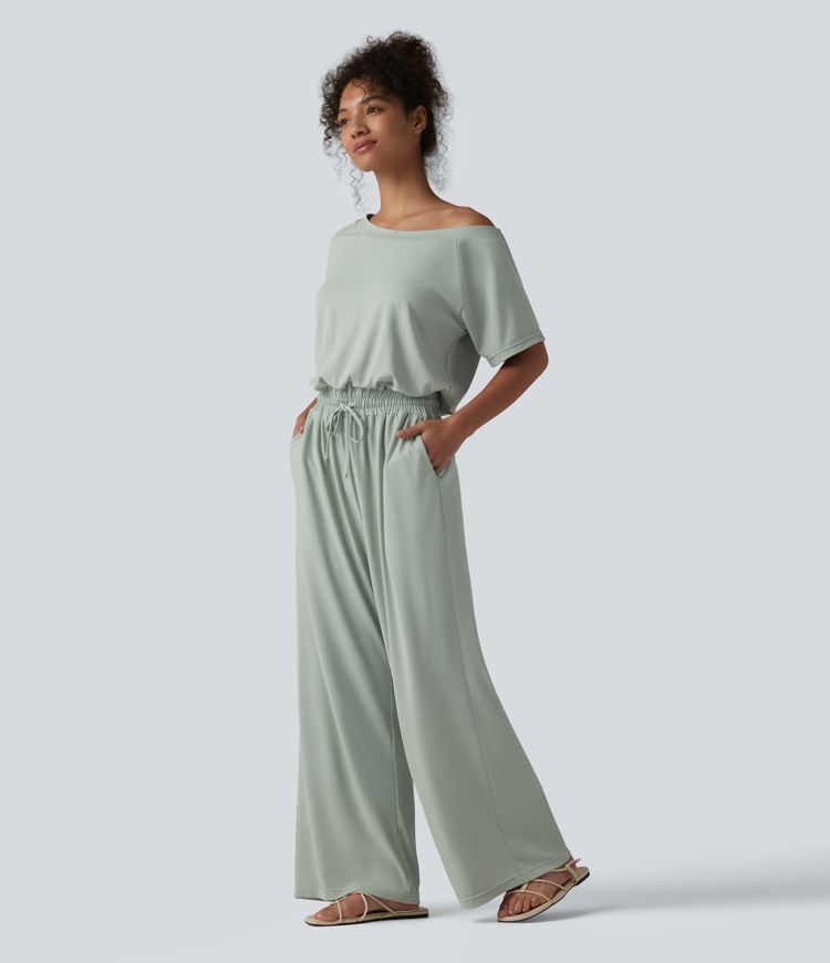 Lässiger Jumpsuit mit U-Boot-Ausschnitt, Seitentaschen, kurzen Ärmeln und Kordelzug - Easy Peezy Edition