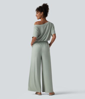 Lässiger Jumpsuit mit U-Boot-Ausschnitt, Seitentaschen, kurzen Ärmeln und Kordelzug - Easy Peezy Edition