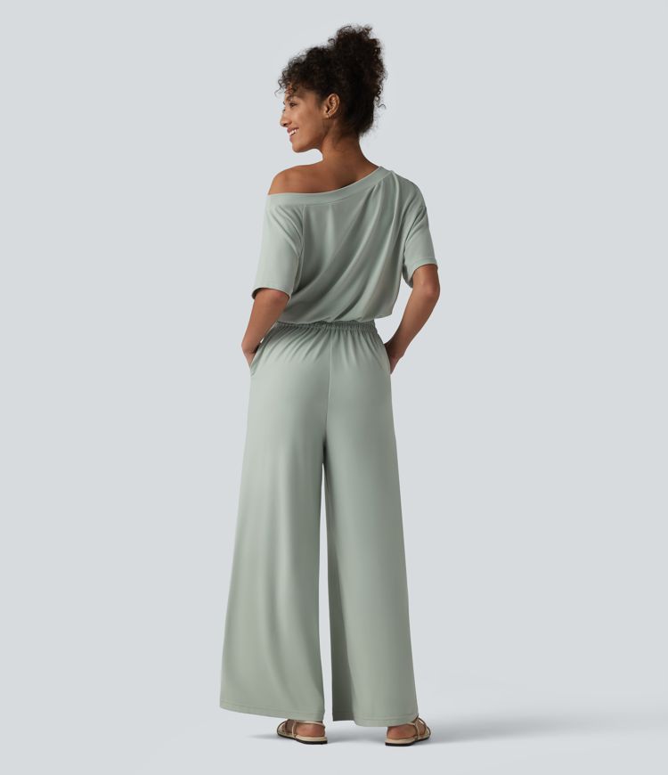 Lässiger Jumpsuit mit U-Boot-Ausschnitt, Seitentaschen, kurzen Ärmeln und Kordelzug - Easy Peezy Edition