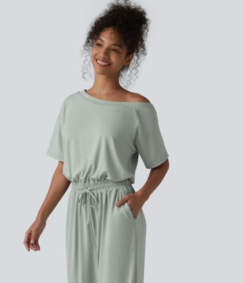 Lässiger Jumpsuit mit U-Boot-Ausschnitt, Seitentaschen, kurzen Ärmeln und Kordelzug - Easy Peezy Edition