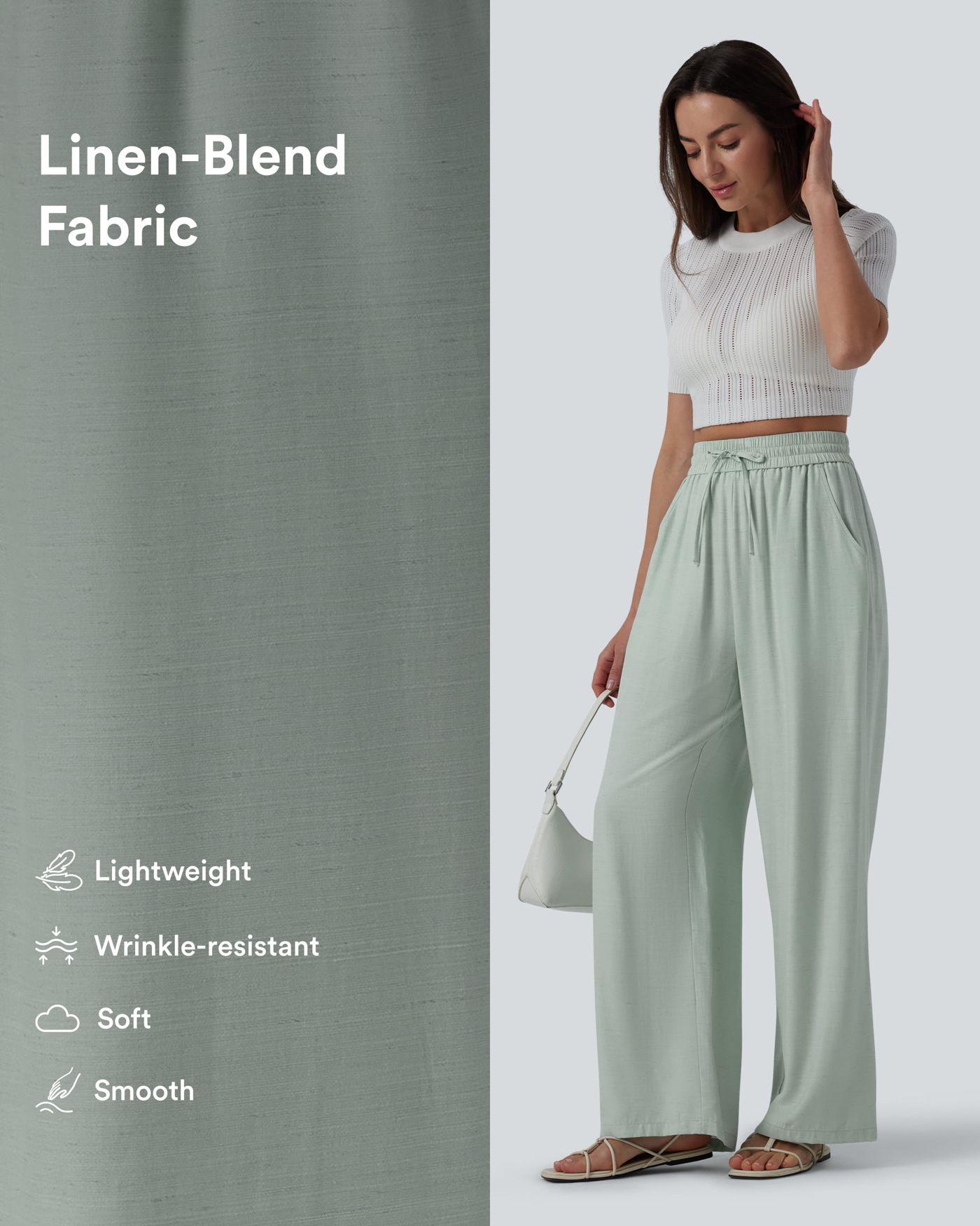 High Waisted Drawstring Wide Leg Casual Linen-Blend Pants with Pockets