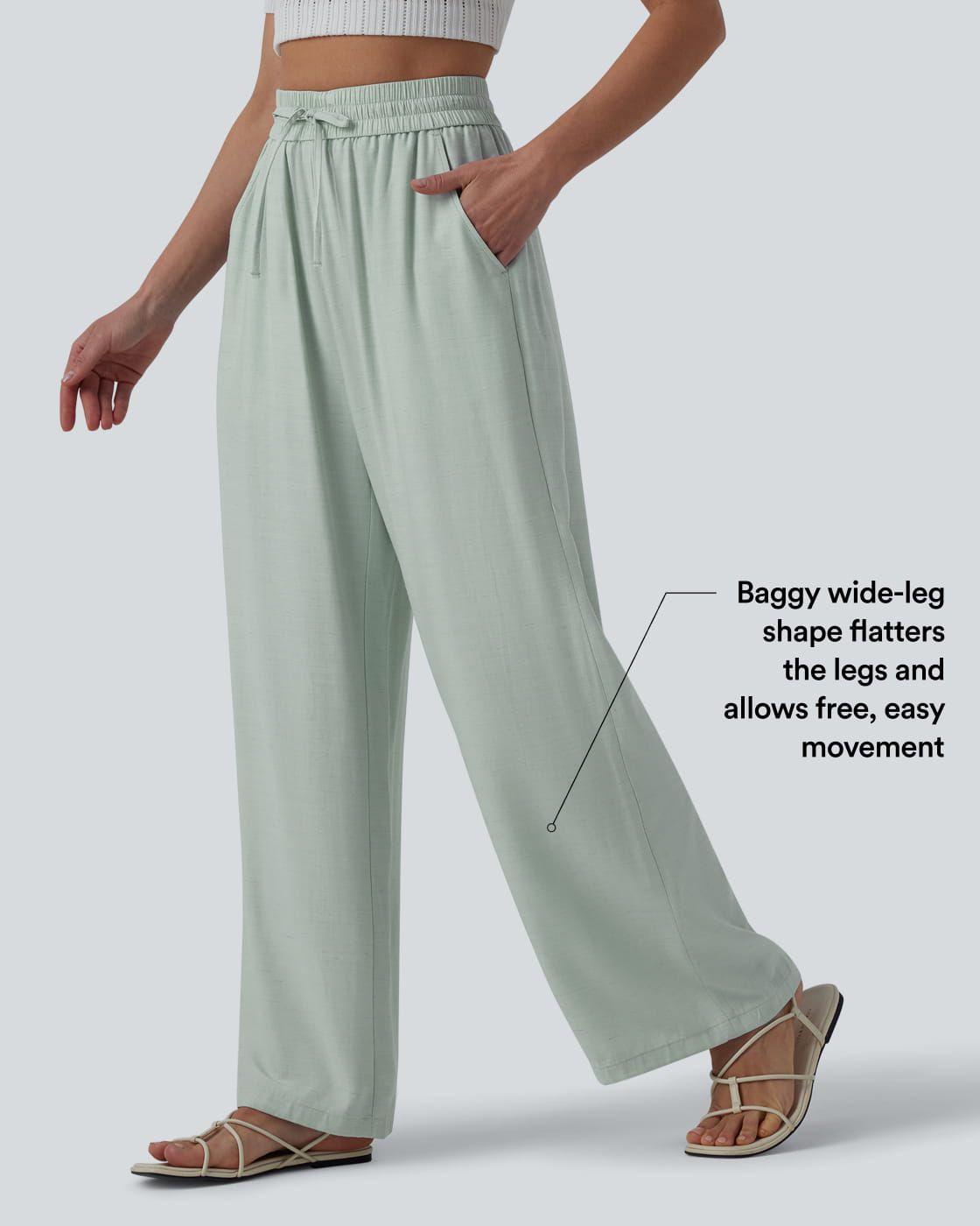 High Waisted Drawstring Wide Leg Casual Linen-Blend Pants with Pockets