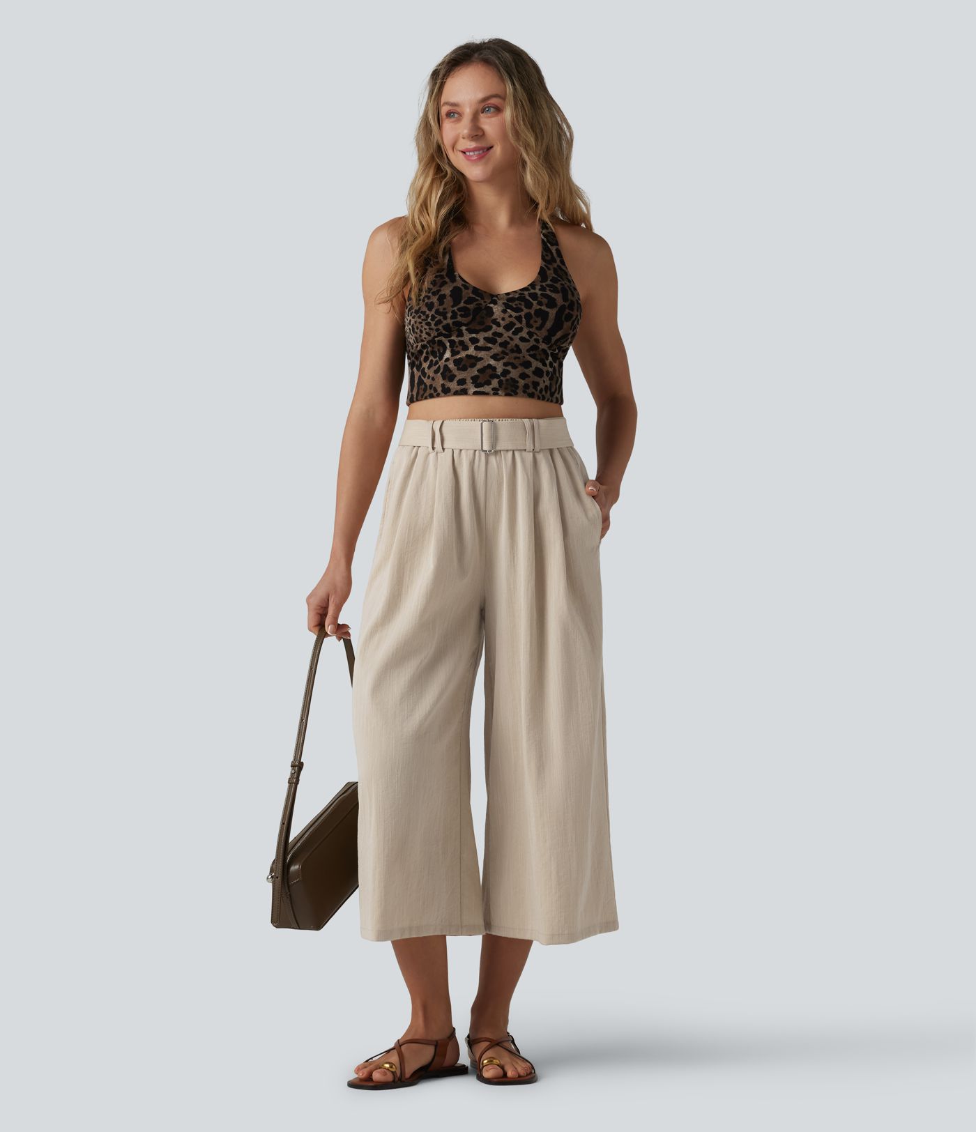 High Waisted Belted Linen-Feel Casual Cropped Baggy Pants with Pockets