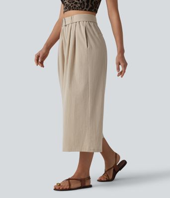High Waisted Belted Linen-Feel Casual Cropped Baggy Pants with Pockets