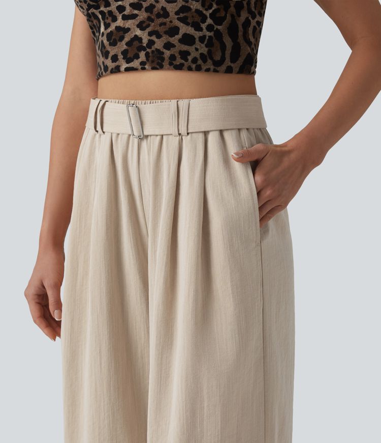 High Waisted Belted Linen-Feel Casual Cropped Baggy Pants with Pockets