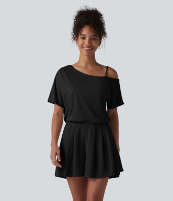 One Shoulder Short Sleeve Pleated Waffle Casual Romper with Pockets-Easy Peezy Edition One Shoulder Short Sleeve Pleated Waffle Casual Romper with Pockets-Easy Peezy Edition