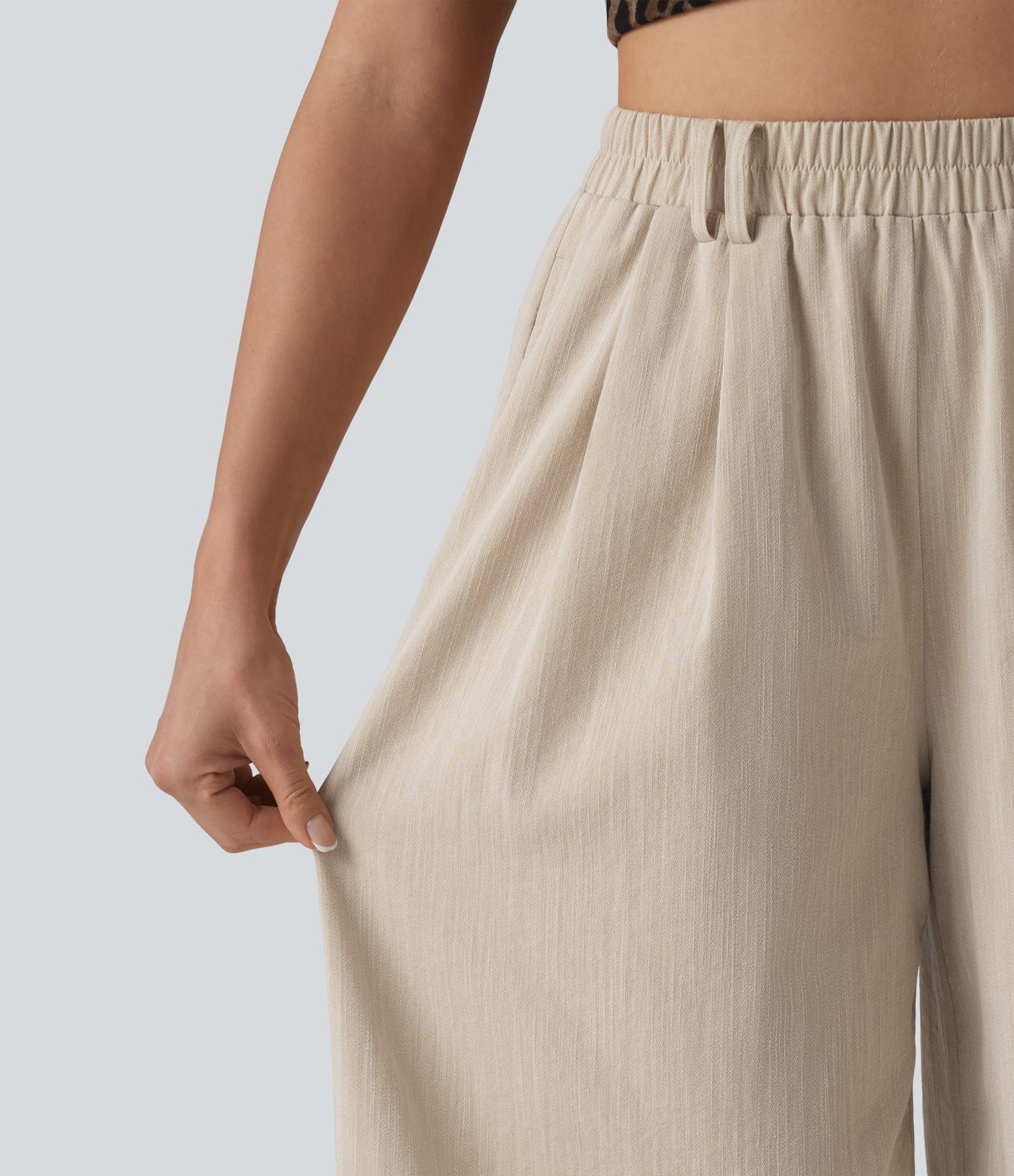 High Waisted Belted Linen-Feel Casual Cropped Baggy Pants with Pockets