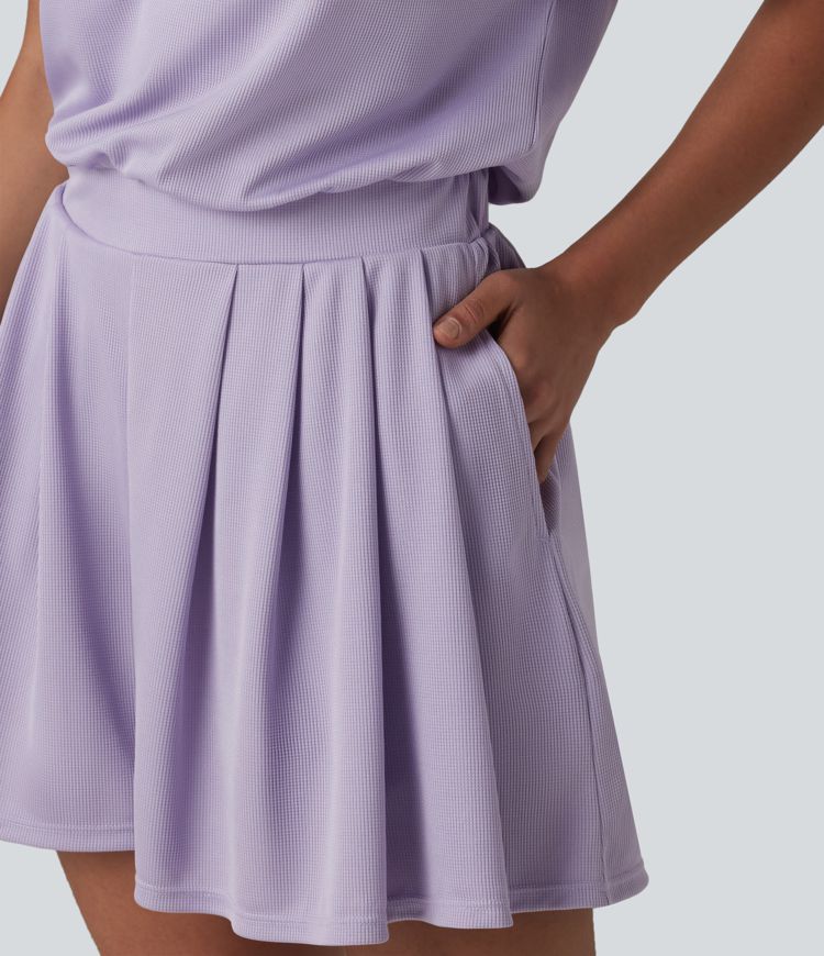 One Shoulder Short Sleeve Pleated Waffle Casual Romper with Pockets-Easy Peezy Edition