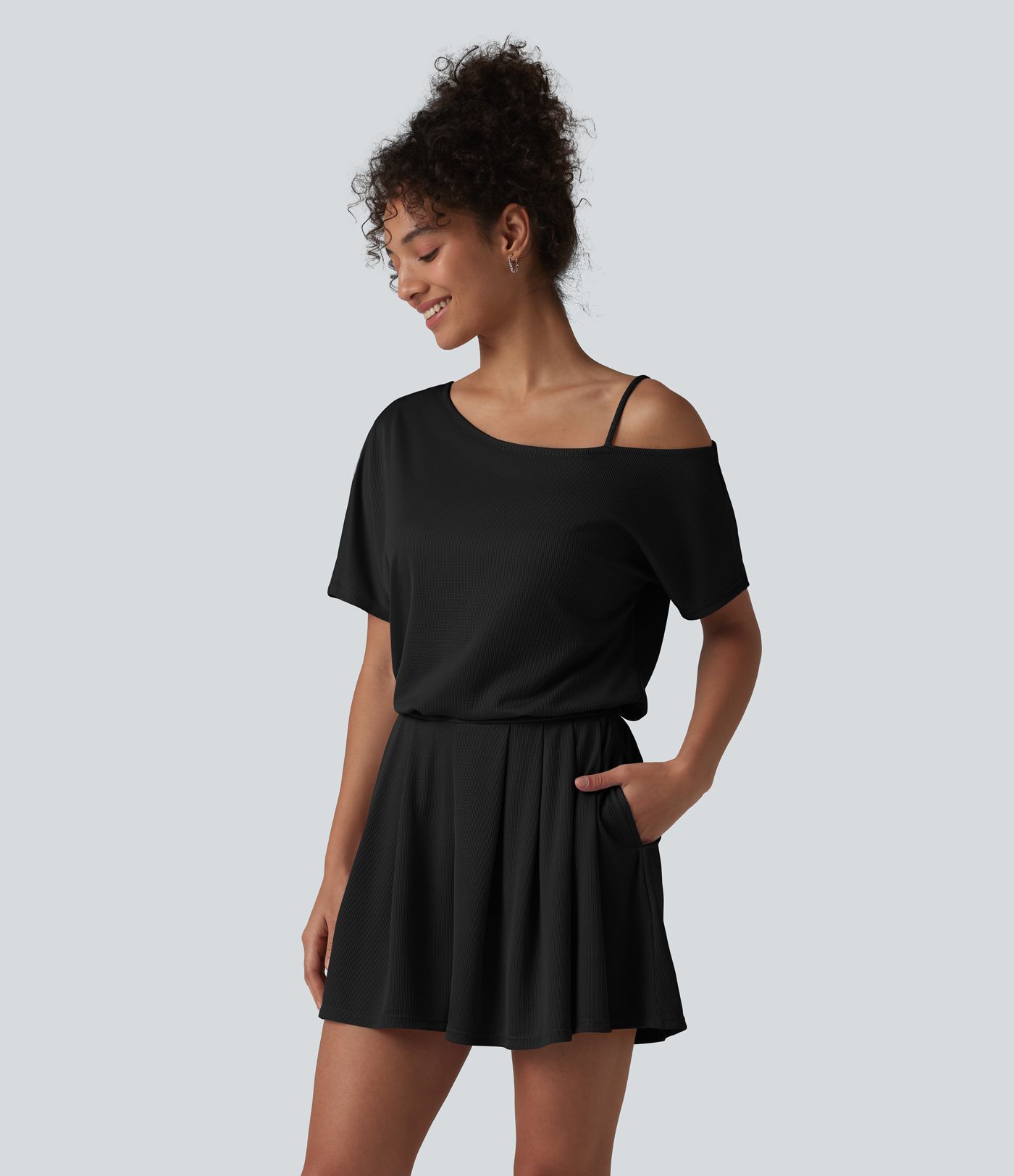 One Shoulder Short Sleeve Pleated Waffle Casual Romper with Pockets-Easy Peezy Edition One Shoulder Short Sleeve Pleated Waffle Casual Romper with Pockets-Easy Peezy Edition