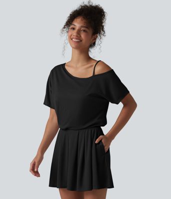 One Shoulder Short Sleeve Pleated Waffle Casual Romper with Pockets-Easy Peezy Edition One Shoulder Short Sleeve Pleated Waffle Casual Romper with Pockets-Easy Peezy Edition