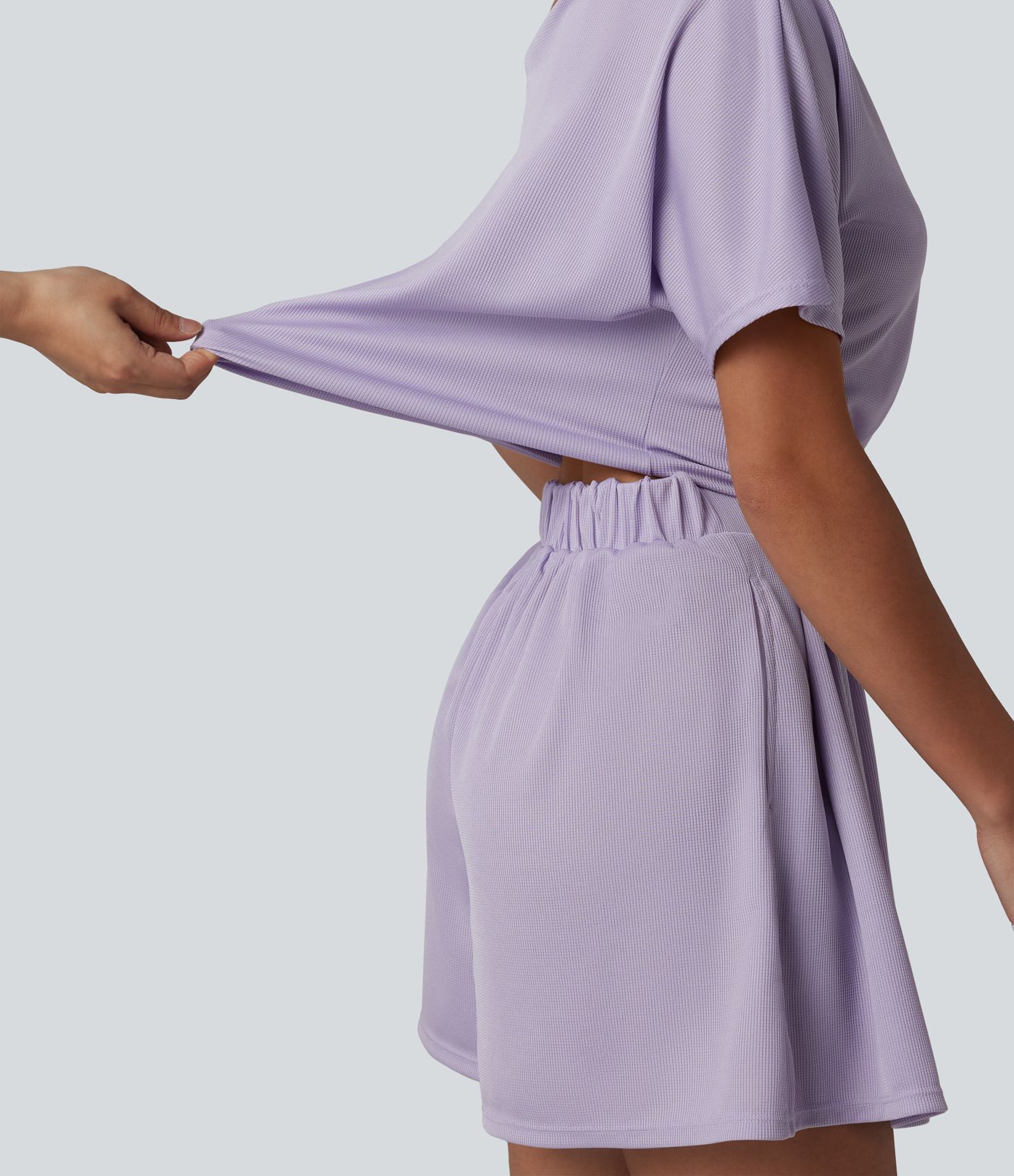 One Shoulder Short Sleeve Pleated Waffle Casual Romper with Pockets-Easy Peezy Edition