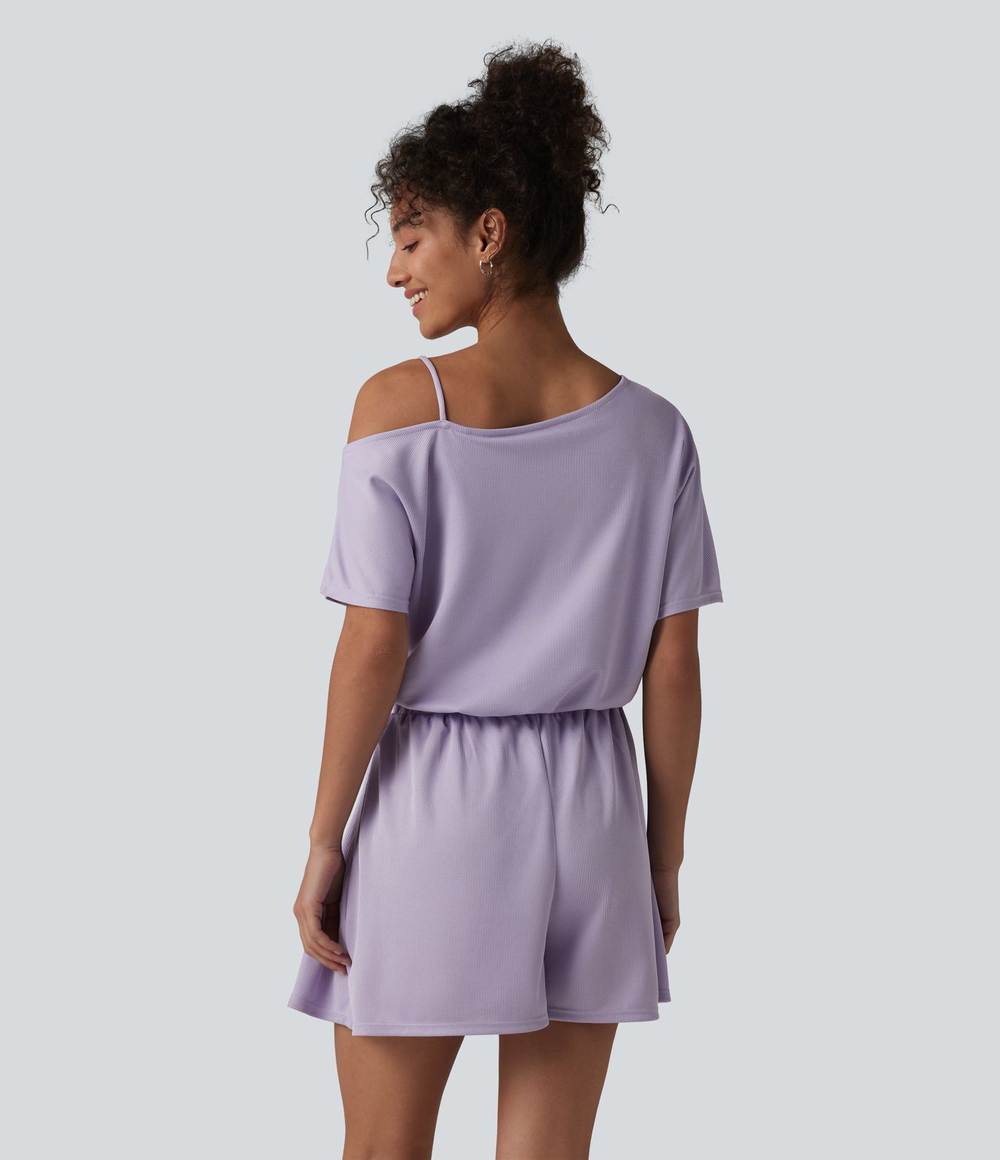 One Shoulder Short Sleeve Pleated Waffle Casual Romper with Pockets-Easy Peezy Edition