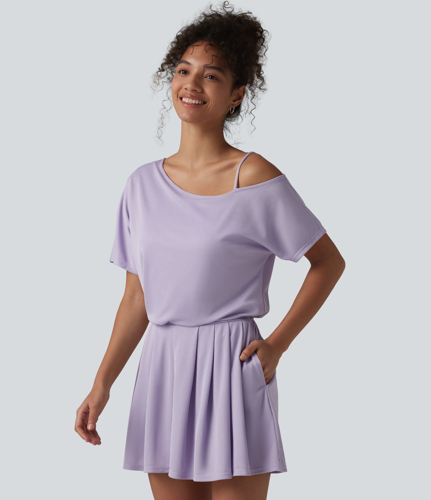 One Shoulder Short Sleeve Pleated Waffle Casual Romper with Pockets-Easy Peezy Edition