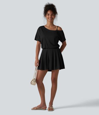 One Shoulder Short Sleeve Pleated Waffle Casual Romper with Pockets-Easy Peezy Edition One Shoulder Short Sleeve Pleated Waffle Casual Romper with Pockets-Easy Peezy Edition