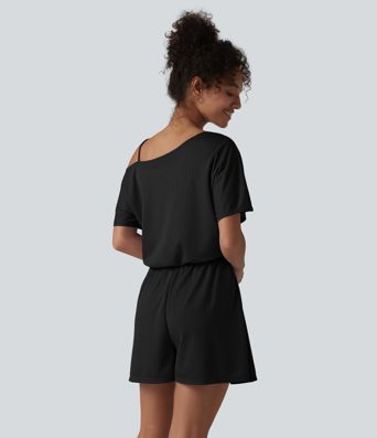One Shoulder Short Sleeve Pleated Waffle Casual Romper with Pockets-Easy Peezy Edition One Shoulder Short Sleeve Pleated Waffle Casual Romper with Pockets-Easy Peezy Edition