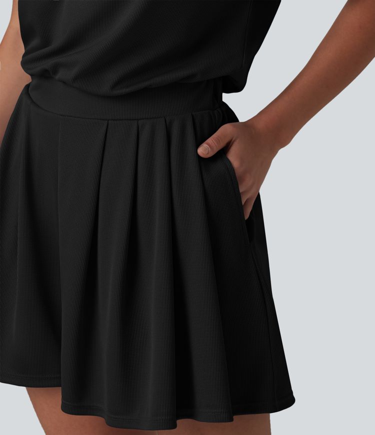 One Shoulder Short Sleeve Pleated Waffle Casual Romper with Pockets-Easy Peezy Edition One Shoulder Short Sleeve Pleated Waffle Casual Romper with Pockets-Easy Peezy Edition