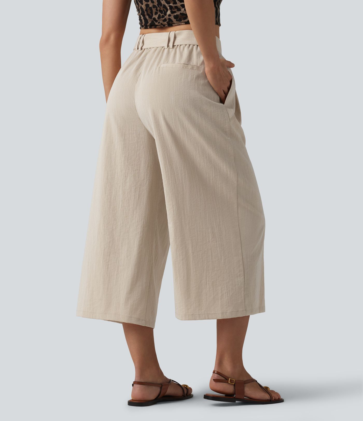 High Waisted Belted Linen-Feel Casual Cropped Baggy Pants with Pockets