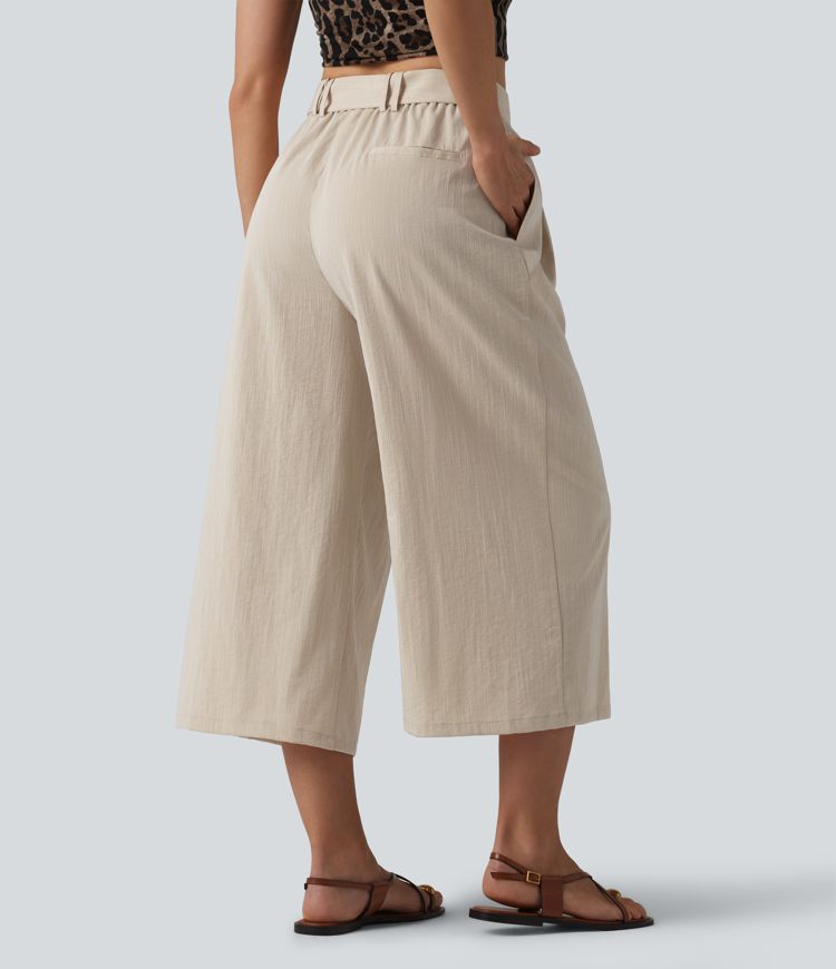 High Waisted Belted Linen-Feel Casual Cropped Baggy Pants with Pockets