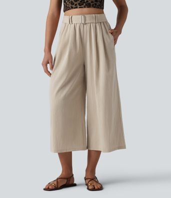 High Waisted Belted Linen-Feel Casual Cropped Baggy Pants with Pockets