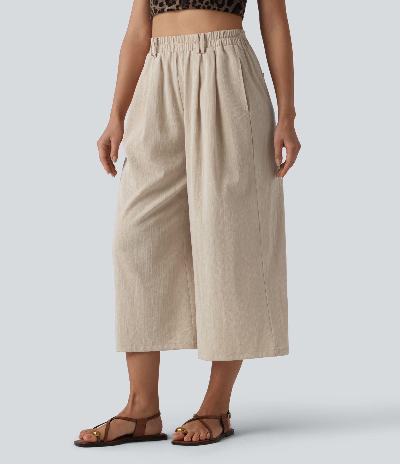 High Waisted Belted Linen-Feel Casual Cropped Baggy Pants with Pockets