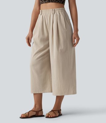 High Waisted Belted Linen-Feel Casual Cropped Baggy Pants with Pockets