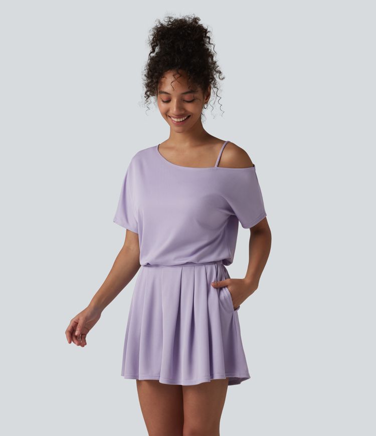 One Shoulder Short Sleeve Pleated Waffle Casual Romper with Pockets-Easy Peezy Edition