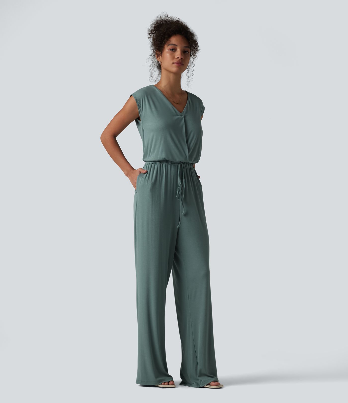 V-neck Sleeveless Drawstring Casual Jumpsuit with Pockets-Easy Peezy