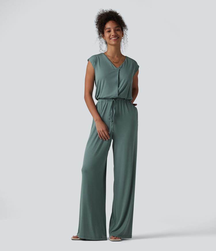 V-neck Sleeveless Drawstring Casual Jumpsuit with Pockets-Easy Peezy