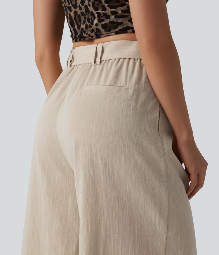 High Waisted Belted Linen-Feel Casual Cropped Baggy Pants with Pockets