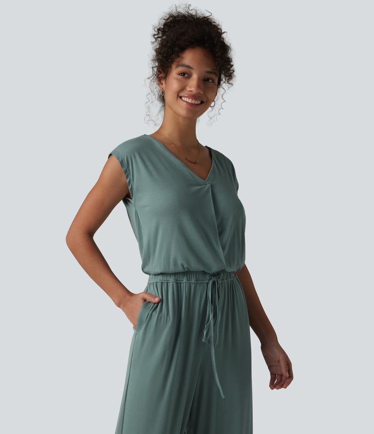 V-neck Sleeveless Drawstring Casual Jumpsuit with Pockets-Easy Peezy